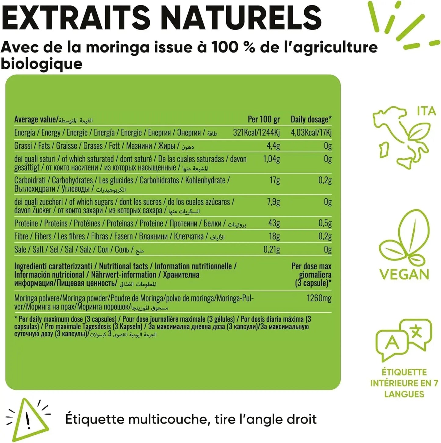 Moringa Bio | La Seule Moringa Biologique Produite En Italie | Véganes Sans Additifs | Super Antioxydant Riche En Vitamines Et Protéines Végétales | Haute Qualité | 90 Gélules
