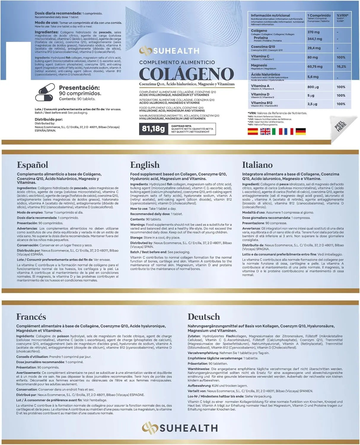 Suhealth Collagene Et Acide Hyaluronique Av Q10, Magnésium Et Vitamines 90 Gélules - Collagene Marin Acide Hyaluronique - Collagène Marin - Collagene Hydrolisé - Marine Collagen - Peptide De Collagene