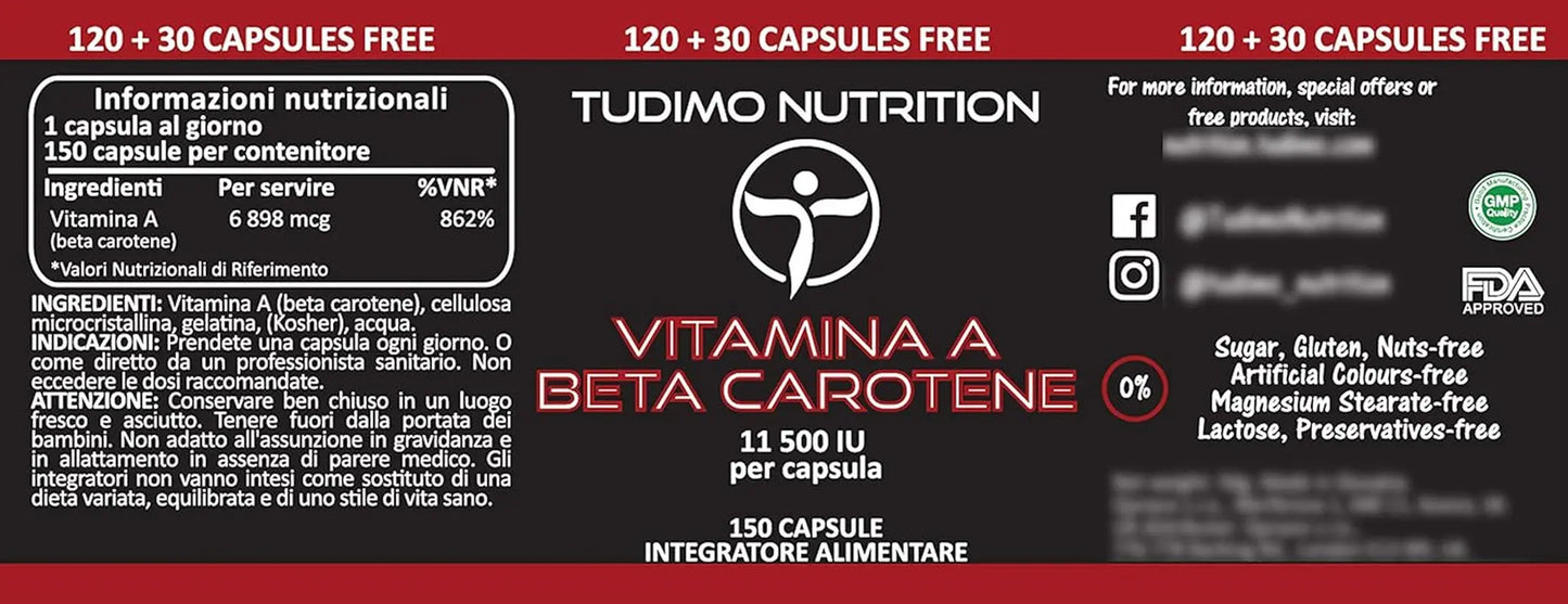 Vitamine a Beta Carotene Capsule 11 500 IU - 150 Capsules (5 Mois) Ă DĂ©sintĂ©gration Rapide, Chacune Avec 6,9Mg Complement Alimentaire BĂȘta CarotĂšne Pur En Poudre (Betacarotene Supplement)