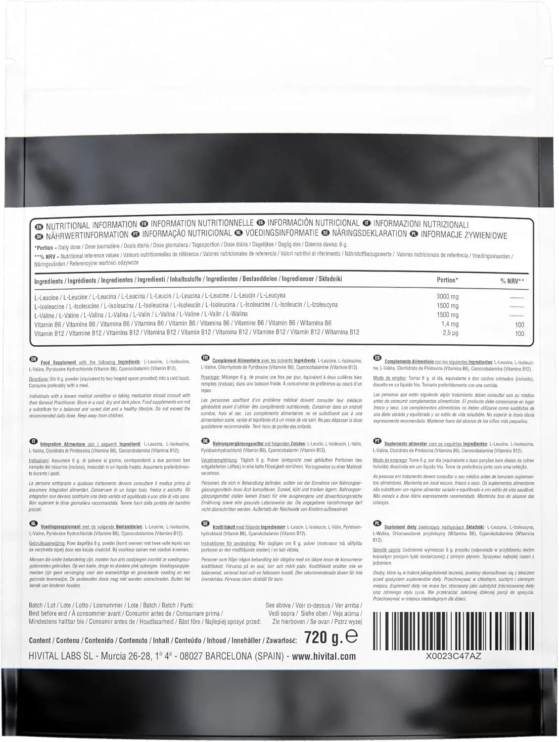 BCAA 2:1:1 6000 Mg Pour 4 Mois De Traitement. 720 Grammes D'Acides Aminés Essentiels Et De Vitamines B12 Et B6, 100% Végétalien, En Poudre Et Sans Saveur. Fabriqué En Europe Par HIVITAL