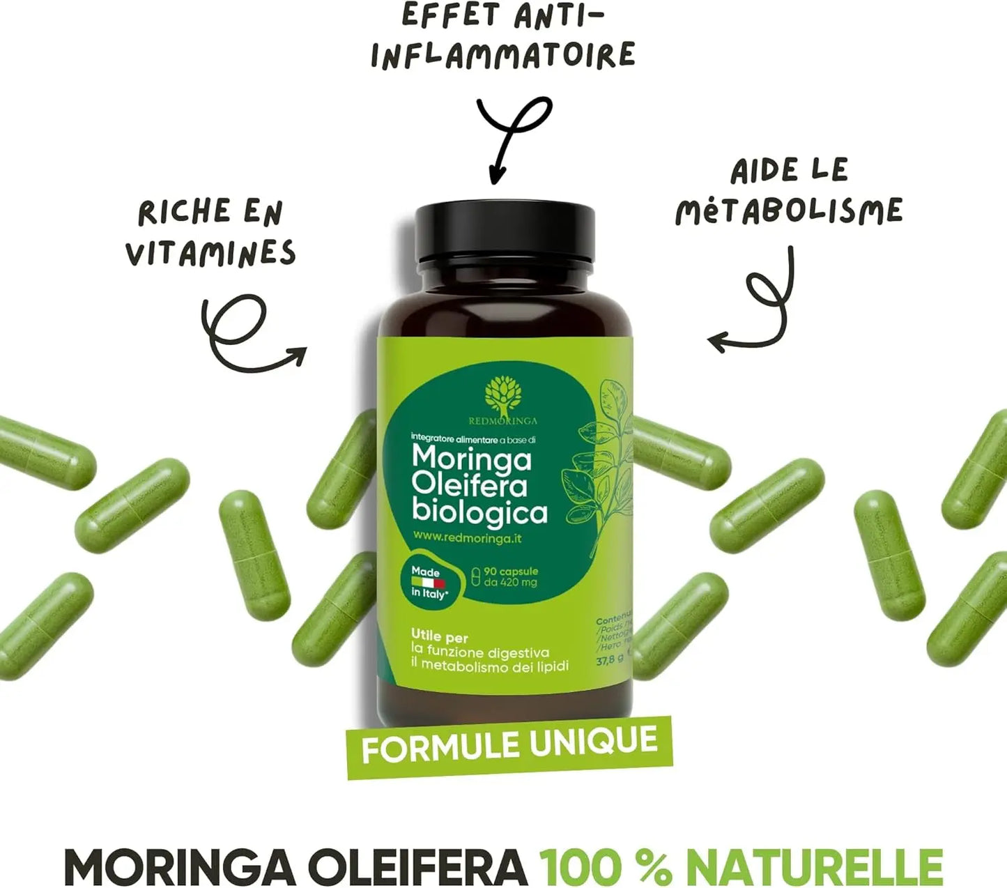 Moringa Bio | La Seule Moringa Biologique Produite En Italie | Véganes Sans Additifs | Super Antioxydant Riche En Vitamines Et Protéines Végétales | Haute Qualité  | 90 Gélules