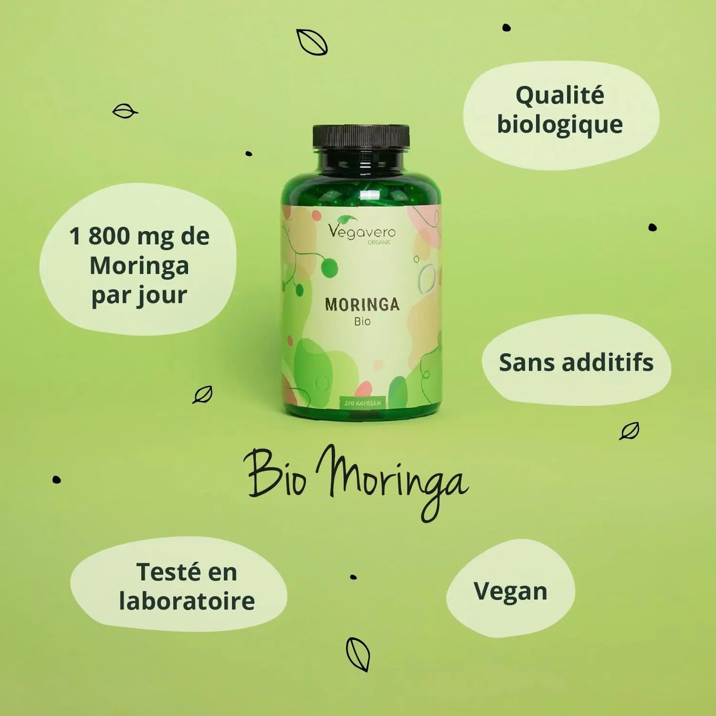Moringa BIO 1800 Mg | 270 Gélules Vegan | SUPERFOOD : Multivitamines Et Minéraux Naturels | Antioxydant + Energie | SANS ADDITIFS | ®