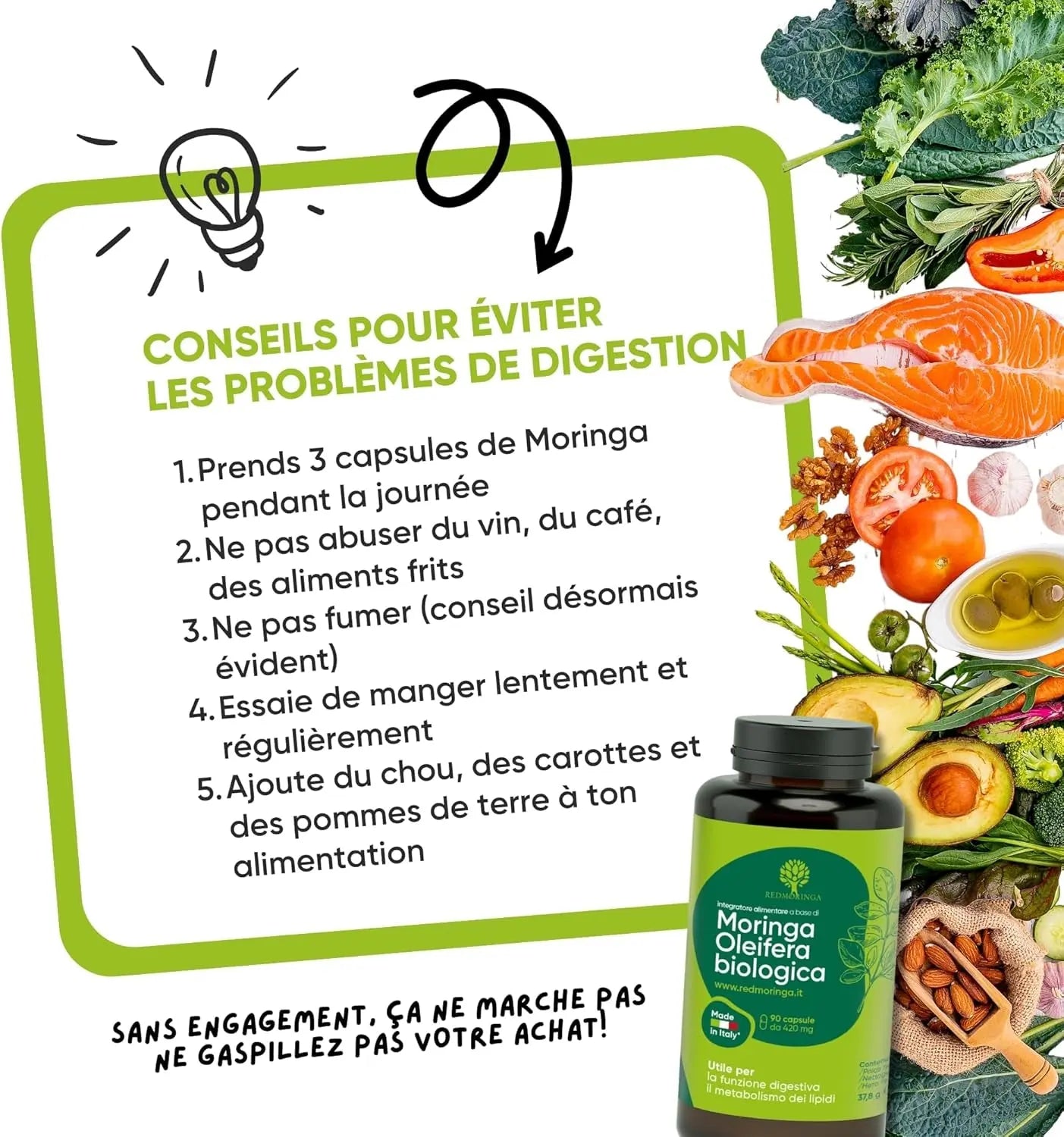 Moringa Bio | La Seule Moringa Biologique Produite En Italie | Véganes Sans Additifs | Super Antioxydant Riche En Vitamines Et Protéines Végétales | Haute Qualité  | 90 Gélules