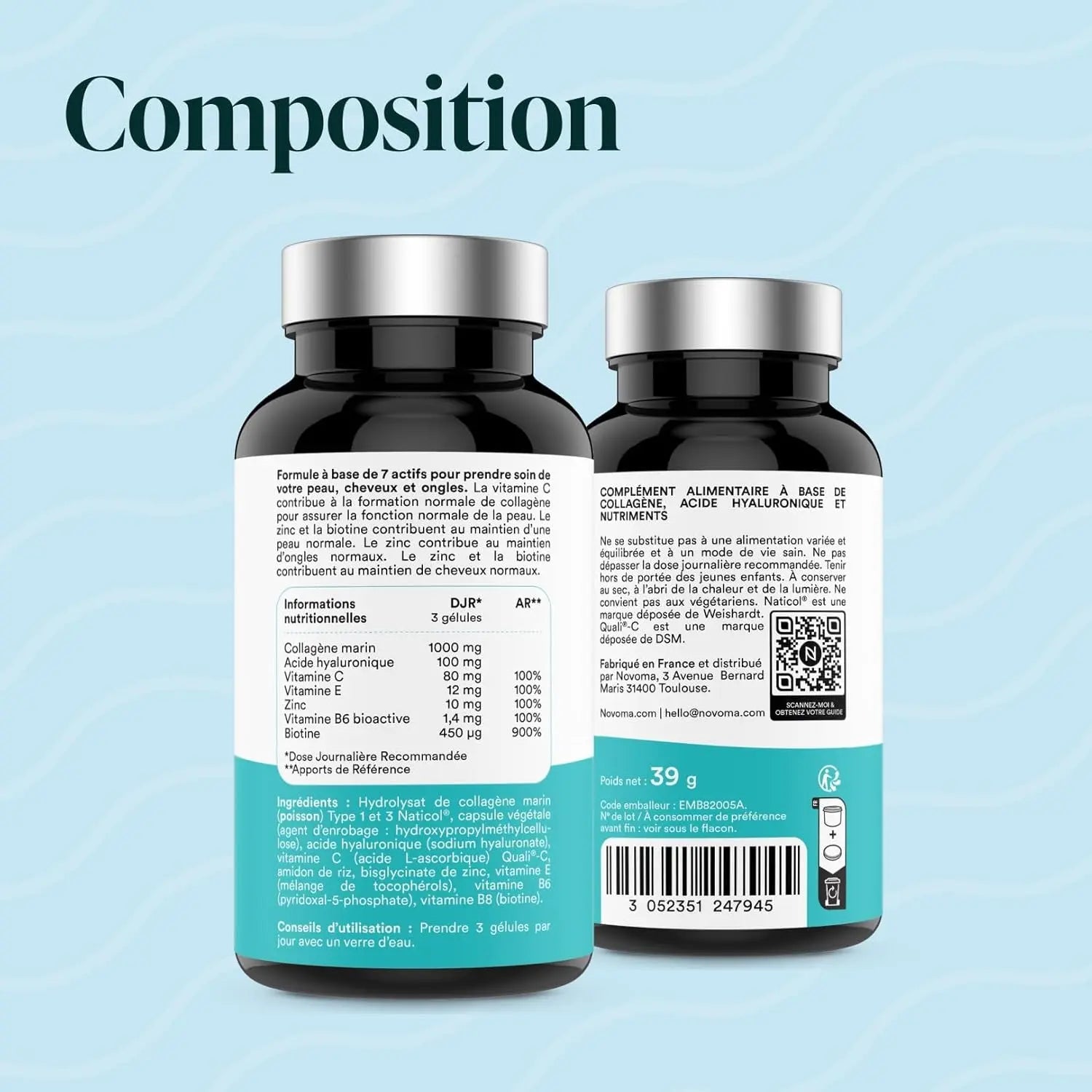 Collagène Marin + Acide Hyaluronique, 1000 Mg De Collagene Pur Hydrolysé Type 1 & 3, Avec Vitamine C, Zinc Et Biotine, Beauté De La Peau, Cheveux Et Ongles, 90 Gélules