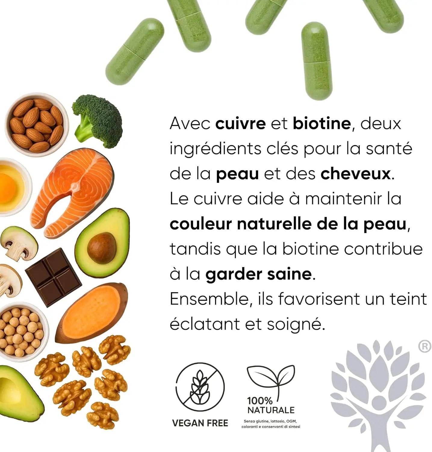 Collagène Et Acide Hyaluronique Avec Cuivre, Zinc, Biotine, Vitamine A,B2,B3,C, Moringa Bio | Complément Pour La Peau Et Les Articulations | Anti-Rides | Fabriqué En Italie  (60 Gélules)