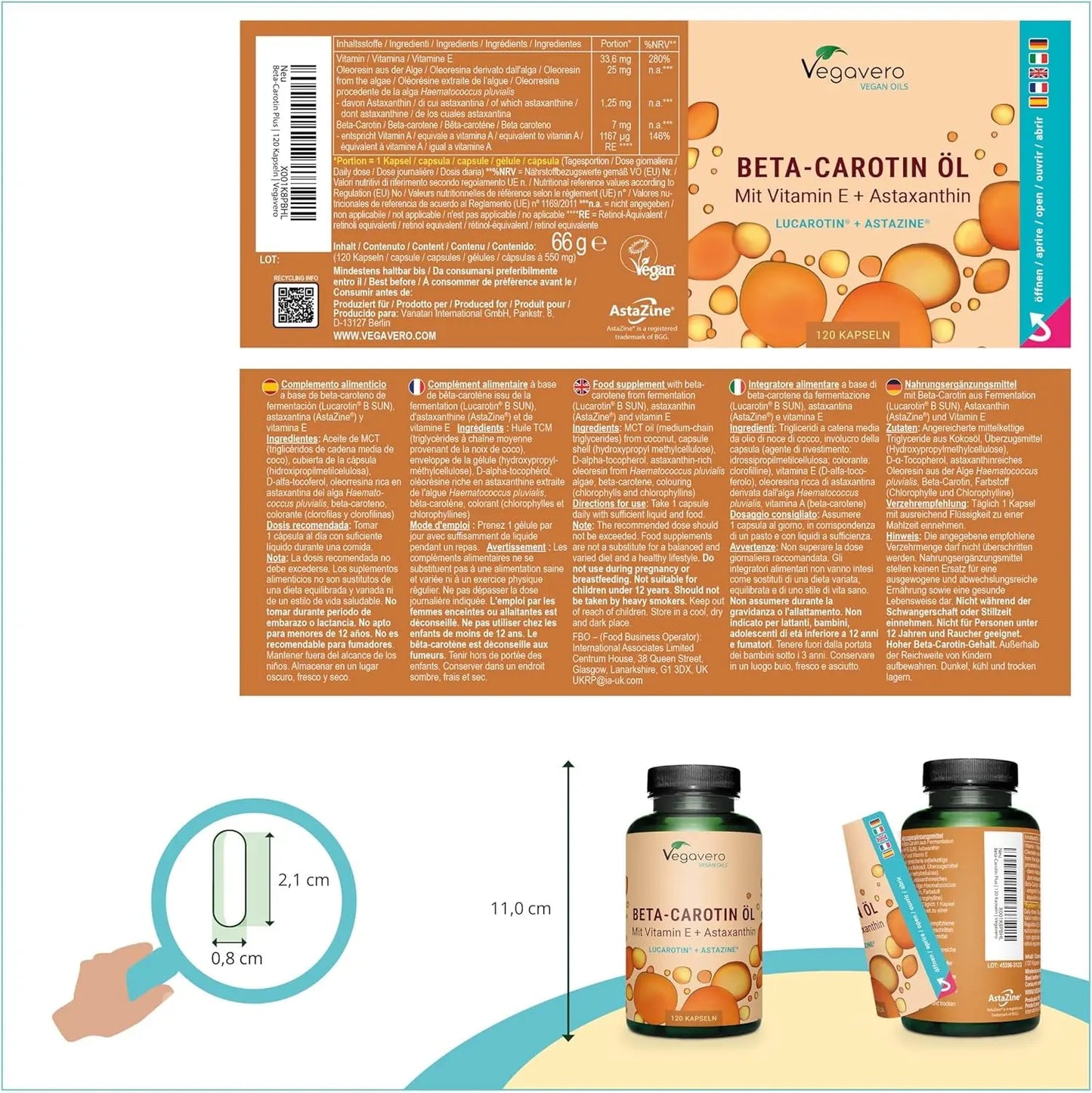 Complexe Bêta Carotène | Avec Vitamine E & Astaxanthine | 120 Gélules (4 Mois) | Qualité Supérieure : Lucarotin® B 30 SUN | Sans Additifs & Vegan | Protection Peau & Bronzage | ®