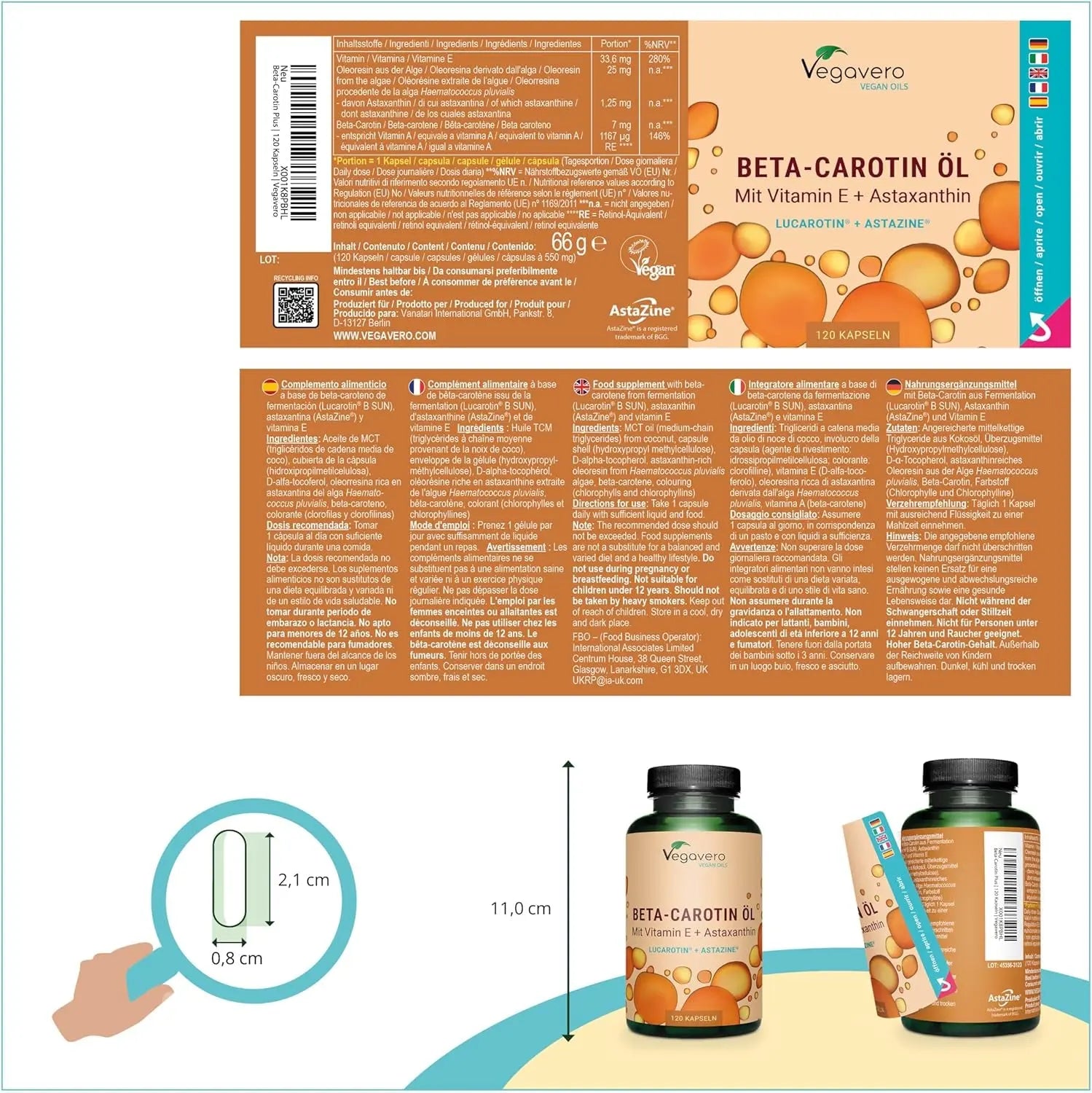 Complexe Bêta Carotène | Avec Vitamine E & Astaxanthine | 120 Gélules (4 Mois) | Qualité Supérieure : Lucarotin® B 30 SUN | Sans Additifs & Vegan | Protection Peau & Bronzage | ®