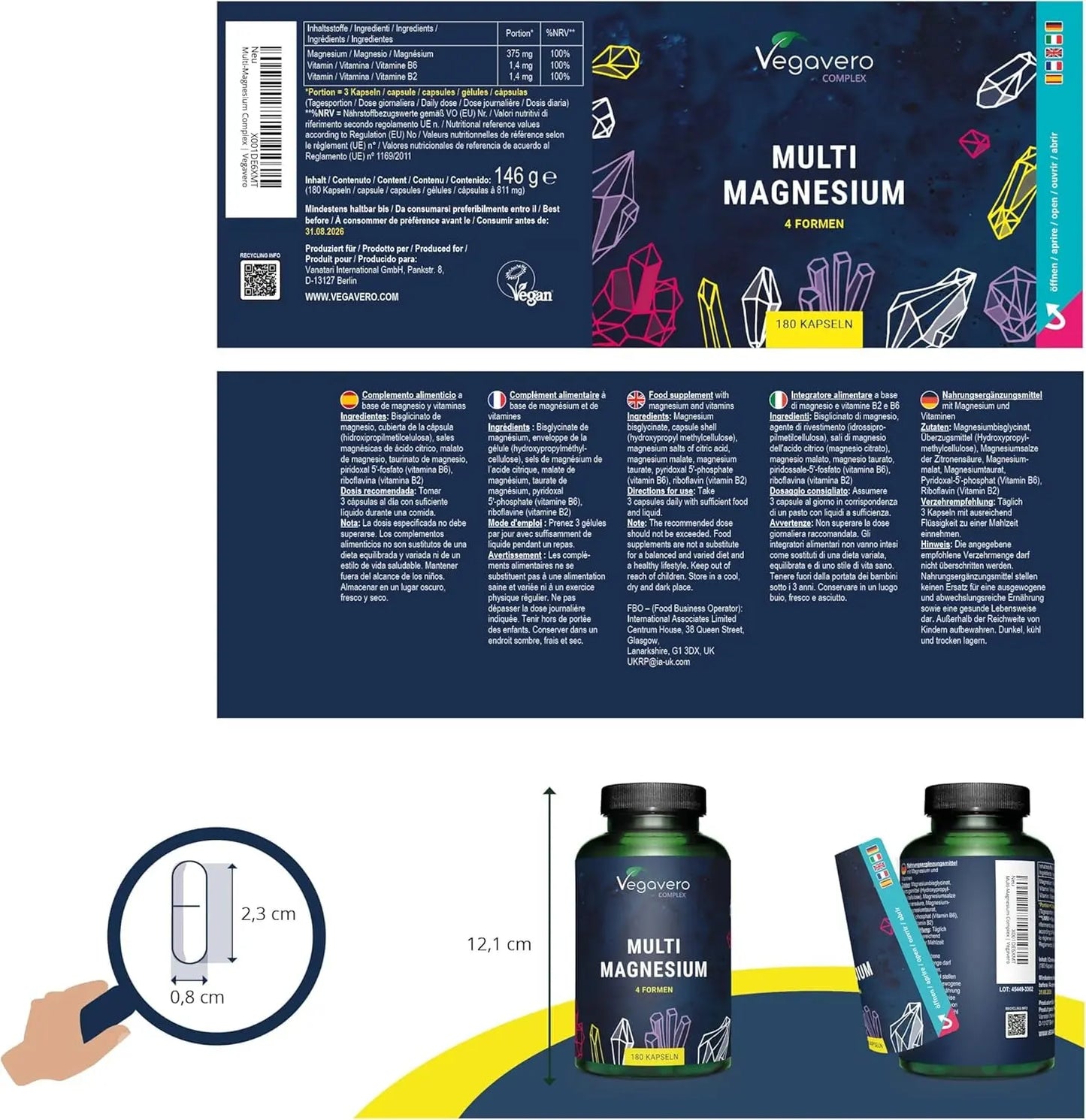 Complexe De Magnesium 375 Mg | 180 Gélules | 4 FORMES - Bisglycinate, Malate, Citrate Et Taurate | Avec Vitamine B2 & B6 | Absorption Supérieure | Sans Additifs & Vegan | ®