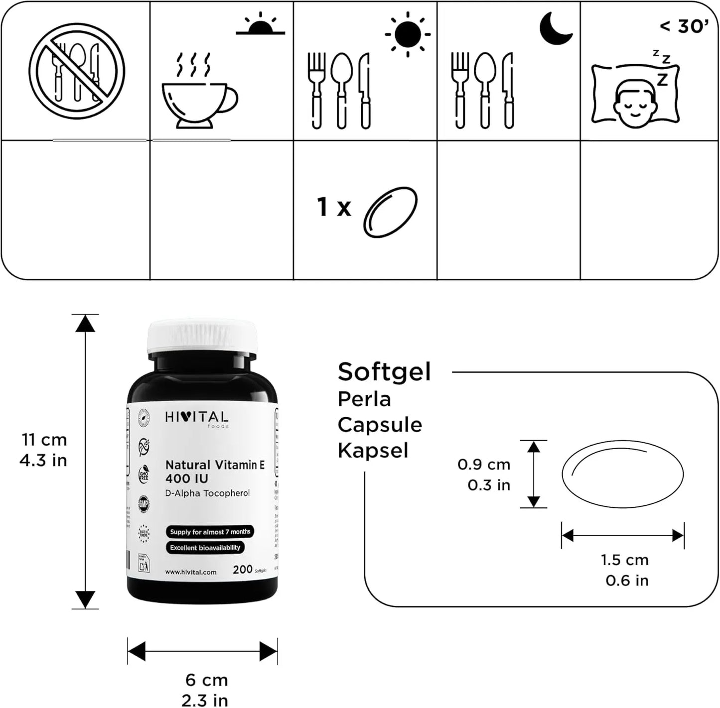 Vitamine E Naturelle 400 UI (D-Alpha Tocophérol). 200 Capsules D'Huile Pour plus De 6 Mois De Traitement. Fabriqué Avec 400 Mg De Vitamine E Naturelle. Fabriqué En Europe Par HIVITAL