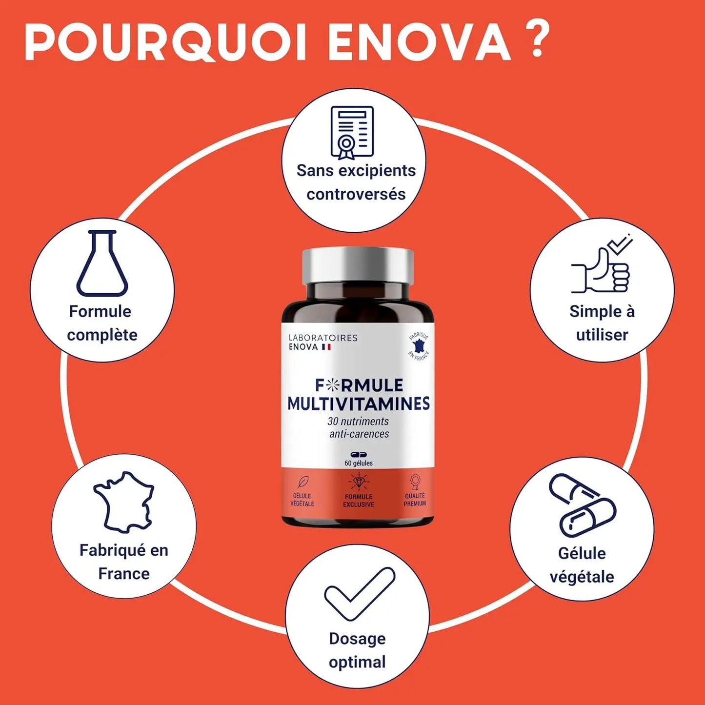 FORMULE MULTIVITAMINES Et Minéraux 30 Nutriments | Vitamine a B C D E K, Quercetine, Magnesium, Zinc, Coenzyme Q10, Selenium | Complement Alimentaire | Fabriqué En France | 60 Gélules