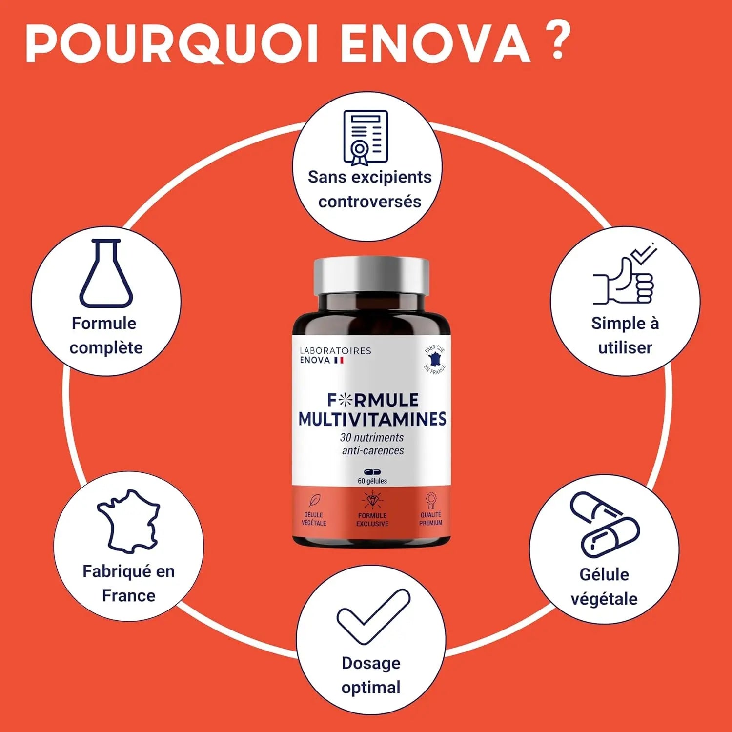 FORMULE MULTIVITAMINES Et Minéraux 30 Nutriments | Vitamine a B C D E K, Quercetine, Magnesium, Zinc, Coenzyme Q10, Selenium | Complement Alimentaire | Fabriqué En France | 60 Gélules