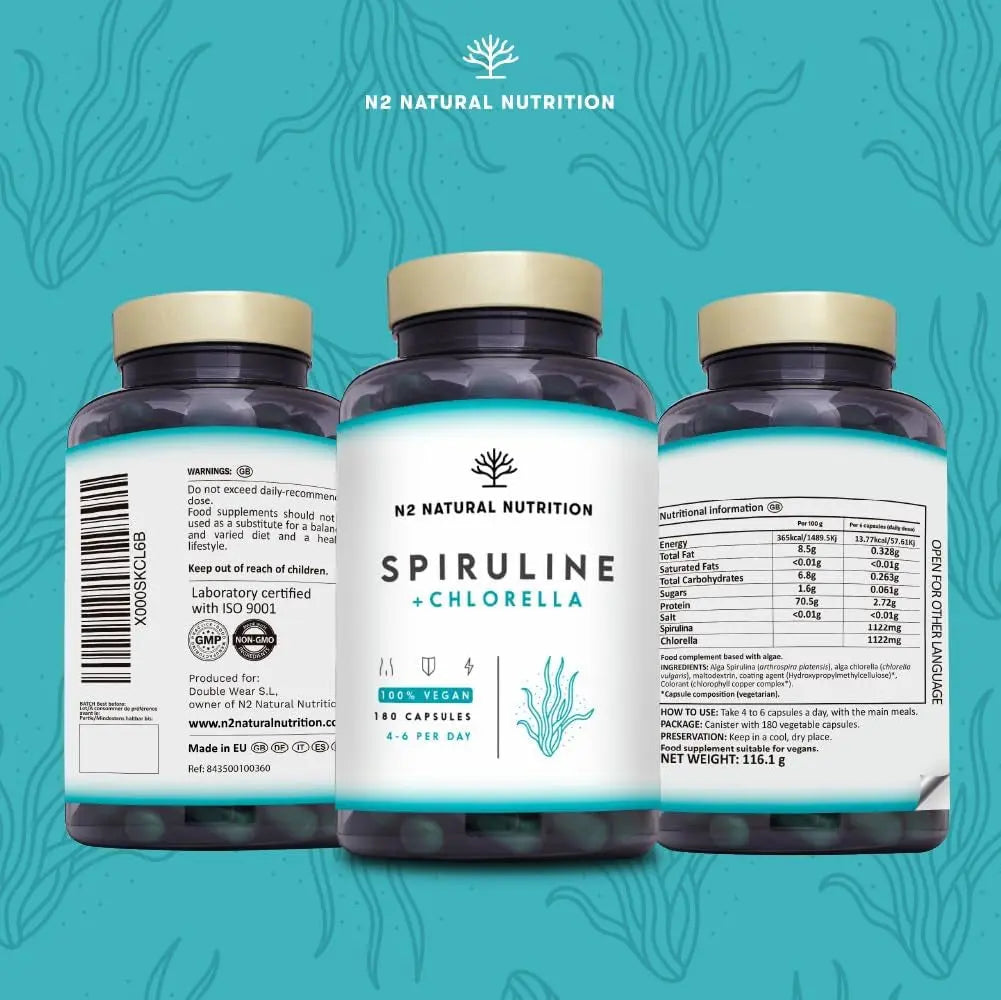 Spiruline Chlorella Gelules Teneur Élevée En Fer, Chlorophylle Et Proteine Vegan. Phycocyanine | anti Fatigue Vitamine | 2244 Mg Algues Sans Excipient 180 Capsules Vegan UE