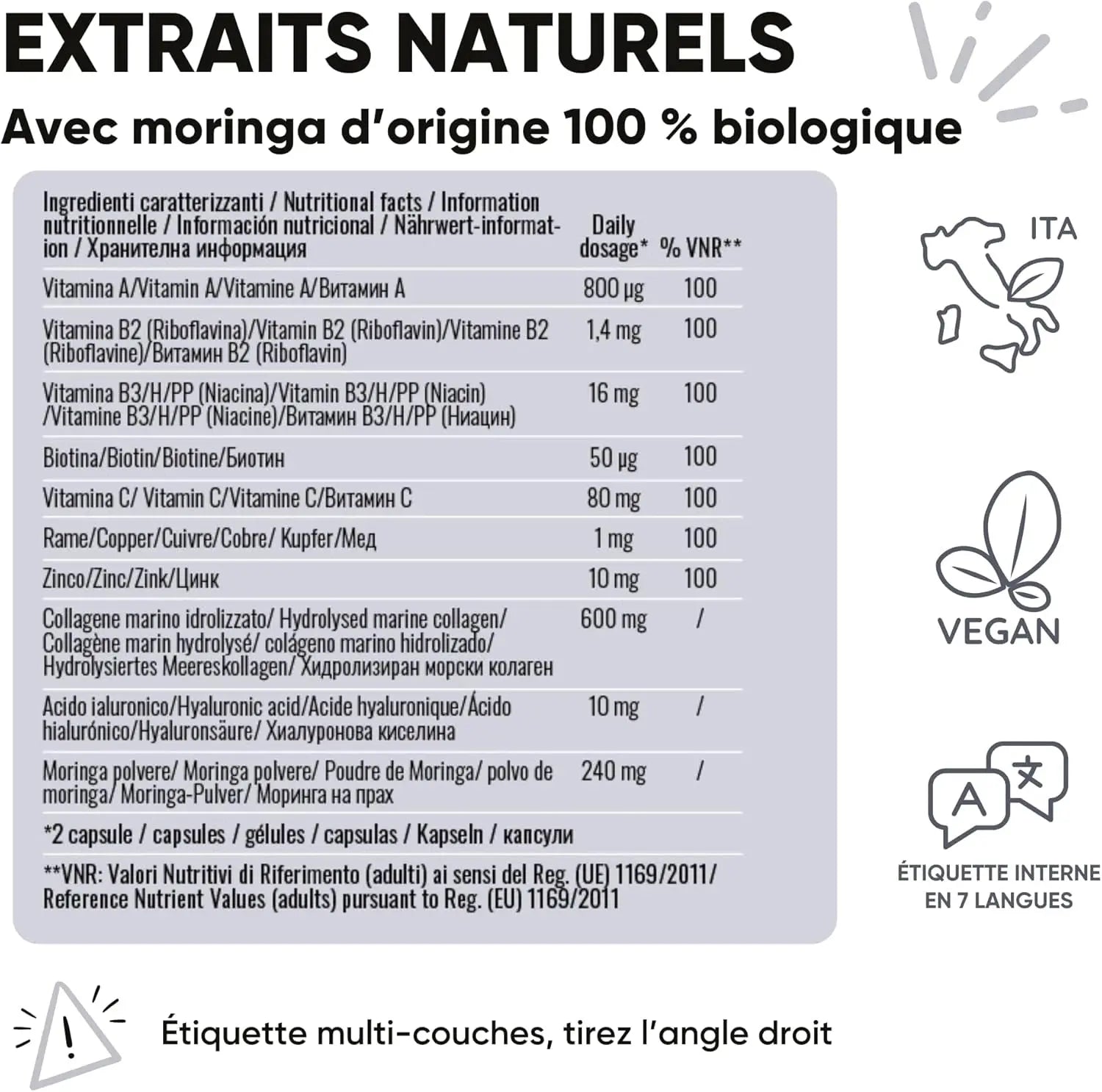 Collagène Et Acide Hyaluronique Avec Cuivre, Zinc, Biotine, Vitamine A,B2,B3,C, Moringa Bio | Complément Pour La Peau Et Les Articulations | Anti-Rides | Fabriqué En Italie  (60 Gélules)