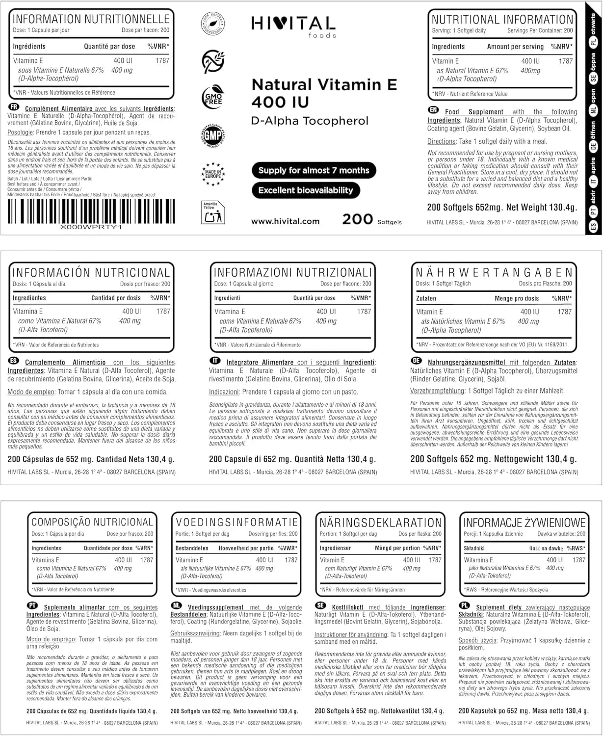 Vitamine E Naturelle 400 UI (D-Alpha Tocophérol). 200 Capsules D'Huile Pour plus De 6 Mois De Traitement. Fabriqué Avec 400 Mg De Vitamine E Naturelle. Fabriqué En Europe Par HIVITAL