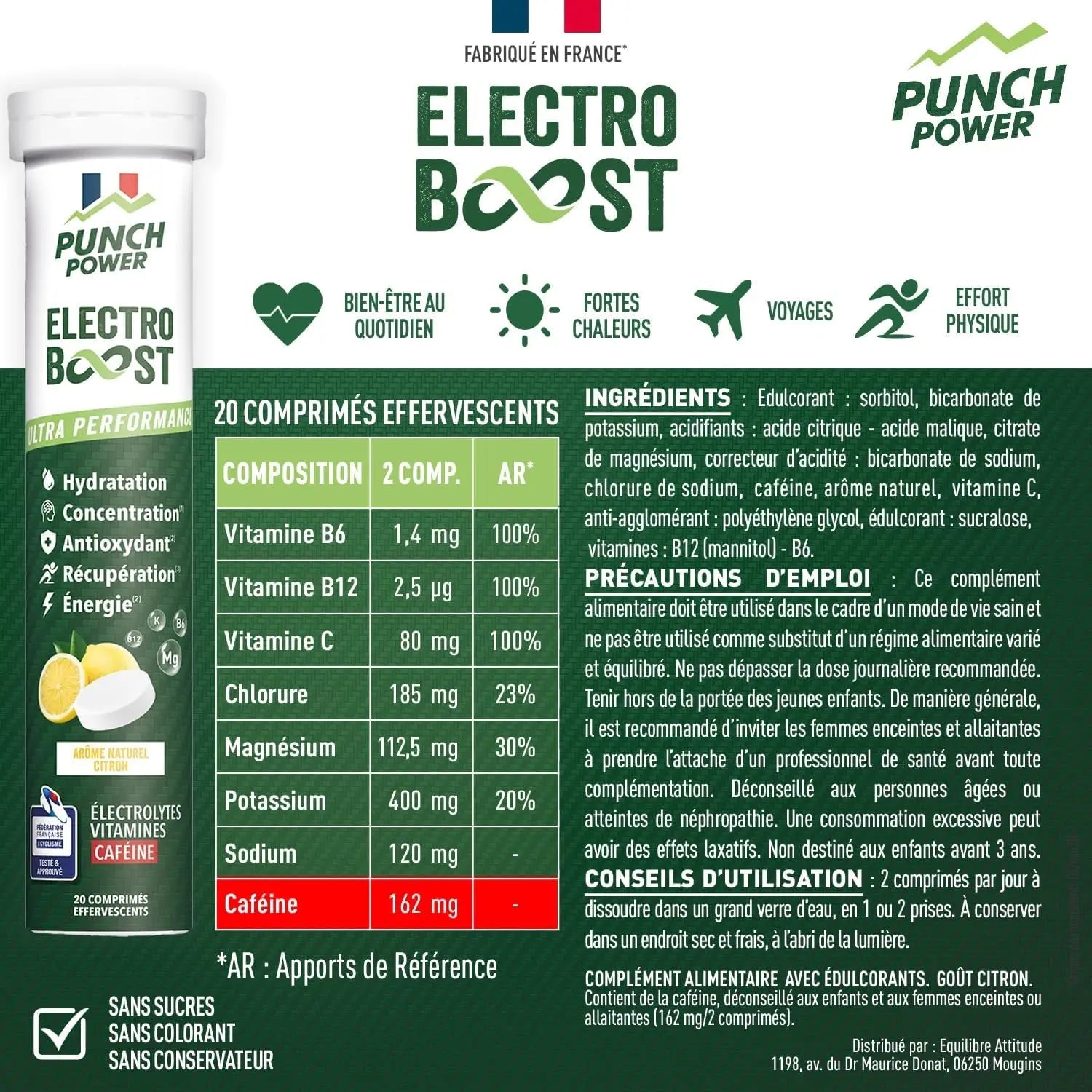 ELECTROLYTES HYDRATATION - Electrolyte  - SANS SUCRE - Fabriqué En FRANCE- Vitamines, Minéraux, Magnesium, Cafeine - Pastille Hydratation Sport - 20 Pastilles Effervescentes Citron