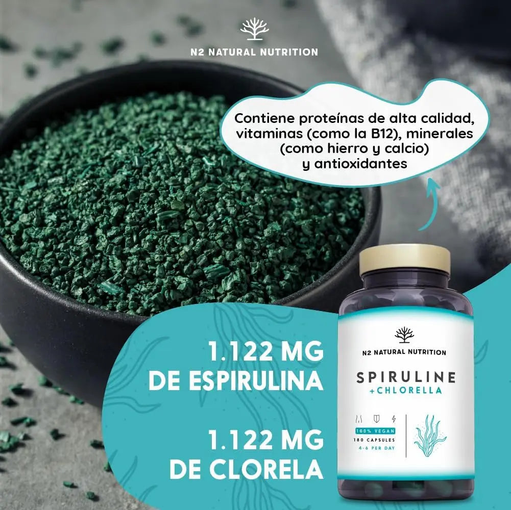 Spiruline Chlorella Gelules Teneur Élevée En Fer, Chlorophylle Et Proteine Vegan. Phycocyanine | anti Fatigue Vitamine | 2244 Mg Algues Sans Excipient 180 Capsules Vegan UE