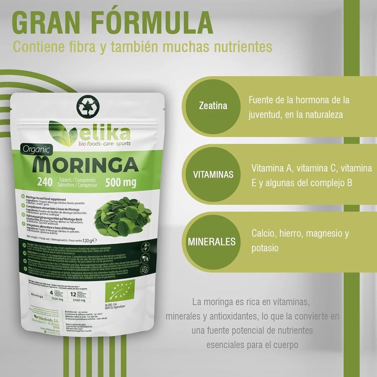 Moringa Oleifera Elikafoods® BIO. 240 Comprimés 500 Mg. Super Aliment Naturel: Vitamines, Protéines, Minéraux, Antioxydants. Energisant Naturel. Végétalien, Sans Gluten Et Sans Additifs.