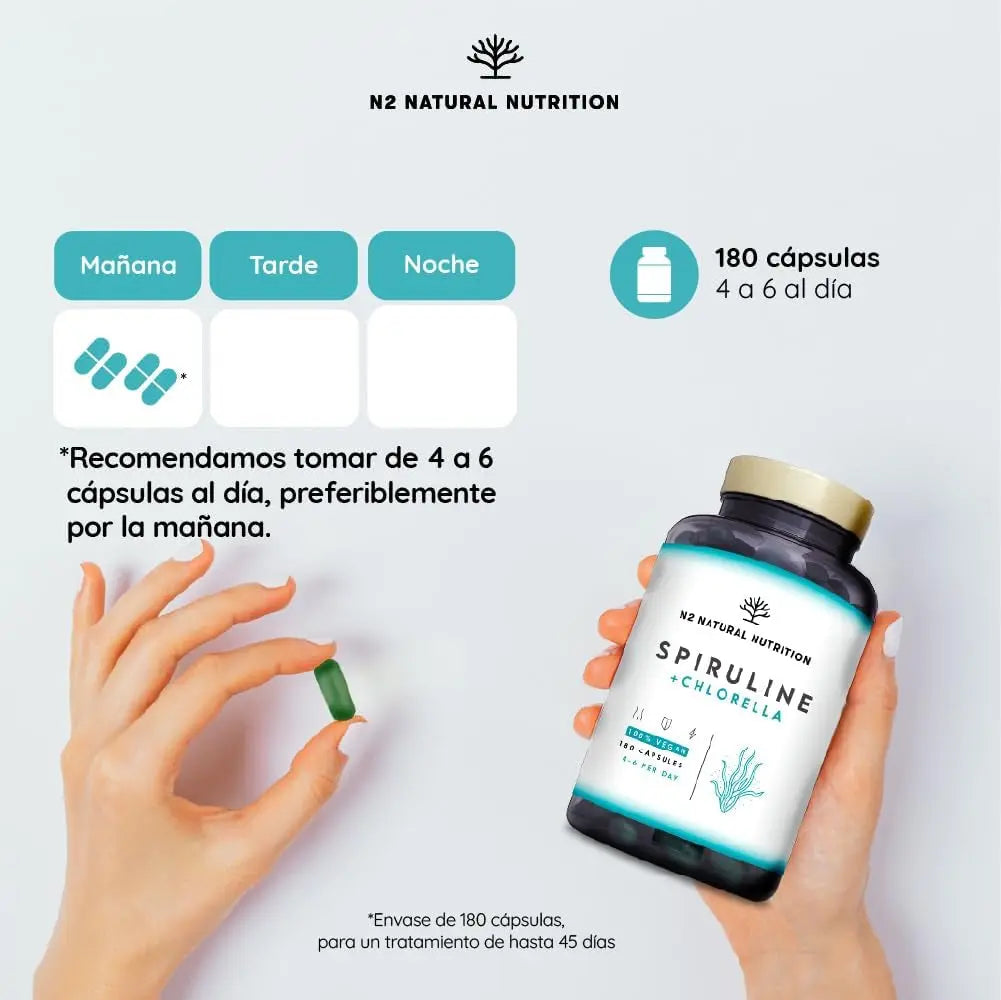 Spiruline Chlorella Gelules Teneur Élevée En Fer, Chlorophylle Et Proteine Vegan. Phycocyanine | anti Fatigue Vitamine | 2244 Mg Algues Sans Excipient 180 Capsules Vegan UE