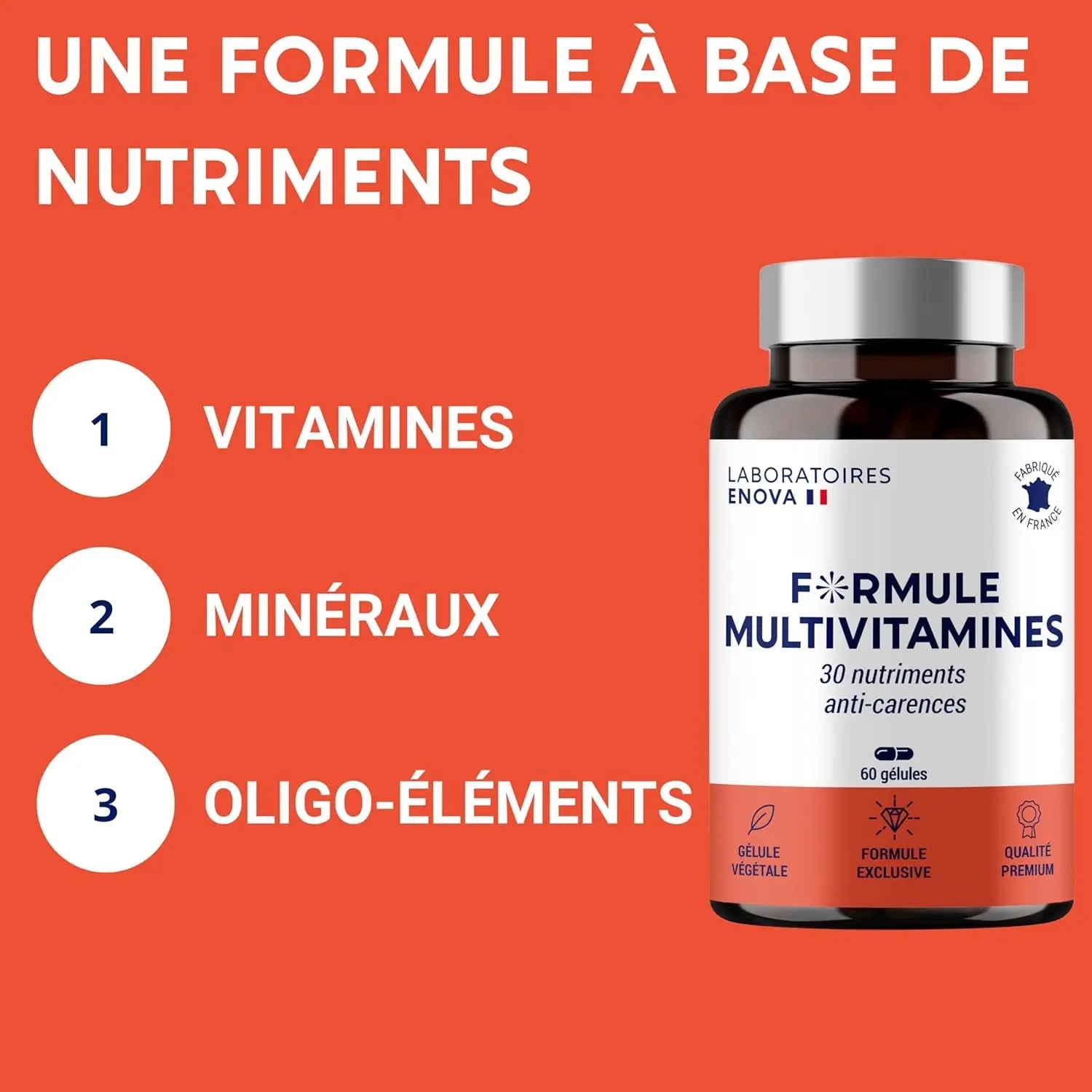 FORMULE MULTIVITAMINES Et Minéraux 30 Nutriments | Vitamine a B C D E K, Quercetine, Magnesium, Zinc, Coenzyme Q10, Selenium | Complement Alimentaire | Fabriqué En France | 60 Gélules