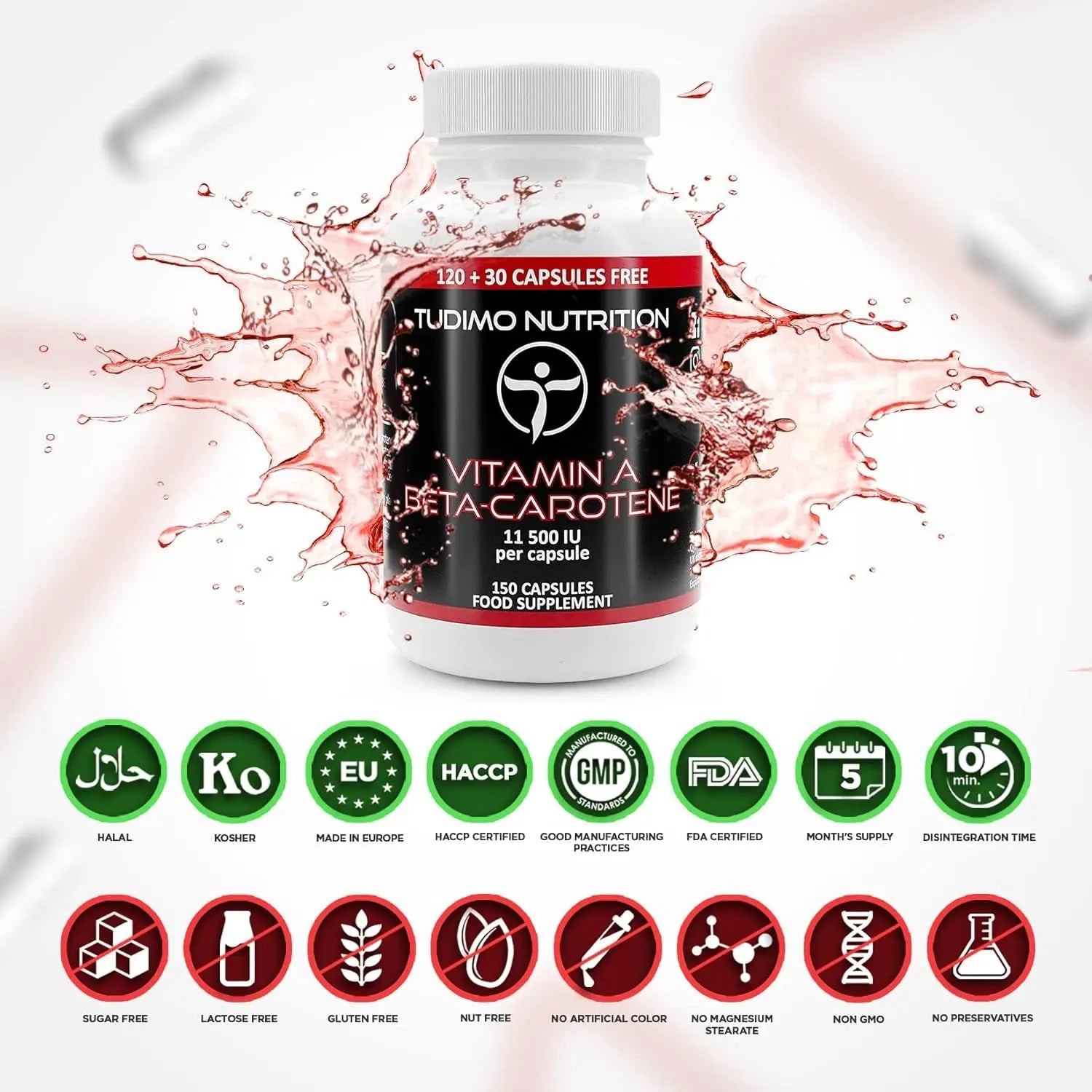 Vitamine a Beta Carotene Capsule 11 500 IU - 150 Capsules (5 Mois) À Désintégration Rapide, Chacune Avec 6,9Mg Complement Alimentaire Bêta Carotène Pur En Poudre (Betacarotene Supplement)