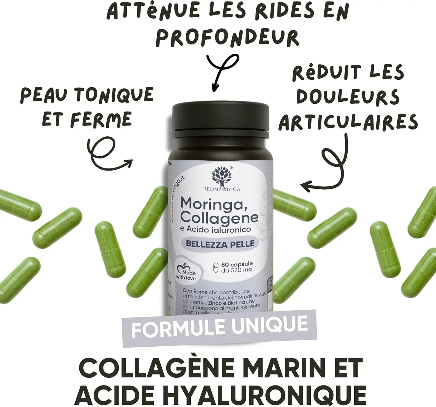 Collagène Et Acide Hyaluronique Avec Cuivre, Zinc, Biotine, Vitamine A,B2,B3,C, Moringa Bio | Complément Pour La Peau Et Les Articulations | Anti-Rides | Fabriqué En Italie  (60 Gélules)