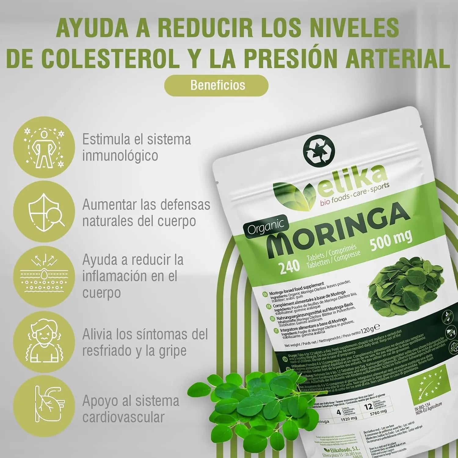 Moringa Oleifera Elikafoods® BIO. 240 Comprimés 500 Mg. Super Aliment Naturel: Vitamines, Protéines, Minéraux, Antioxydants. Energisant Naturel. Végétalien, Sans Gluten Et Sans Additifs.