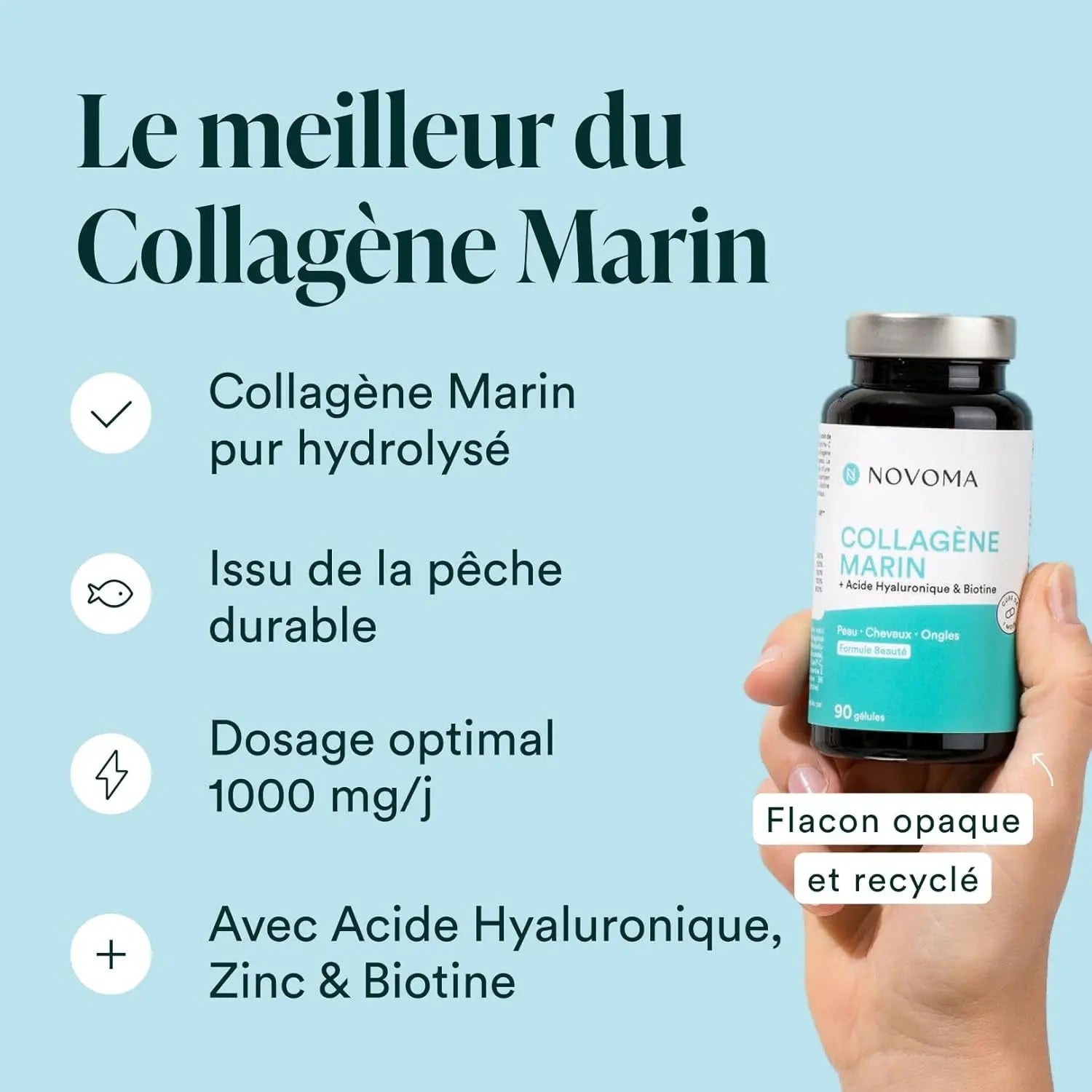 Collagène Marin + Acide Hyaluronique, 1000 Mg De Collagene Pur Hydrolysé Type 1 & 3, Avec Vitamine C, Zinc Et Biotine, Beauté De La Peau, Cheveux Et Ongles, 90 Gélules