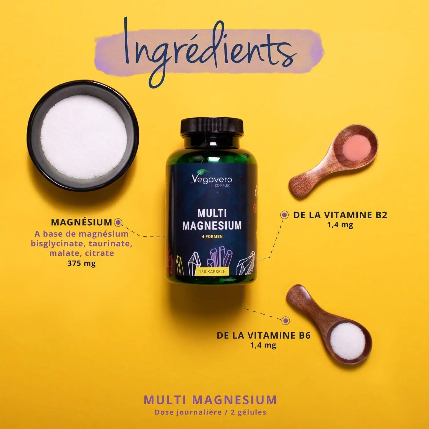 Complexe De Magnesium 375 Mg | 180 Gélules | 4 FORMES - Bisglycinate, Malate, Citrate Et Taurate | Avec Vitamine B2 & B6 | Absorption Supérieure | Sans Additifs & Vegan | ®