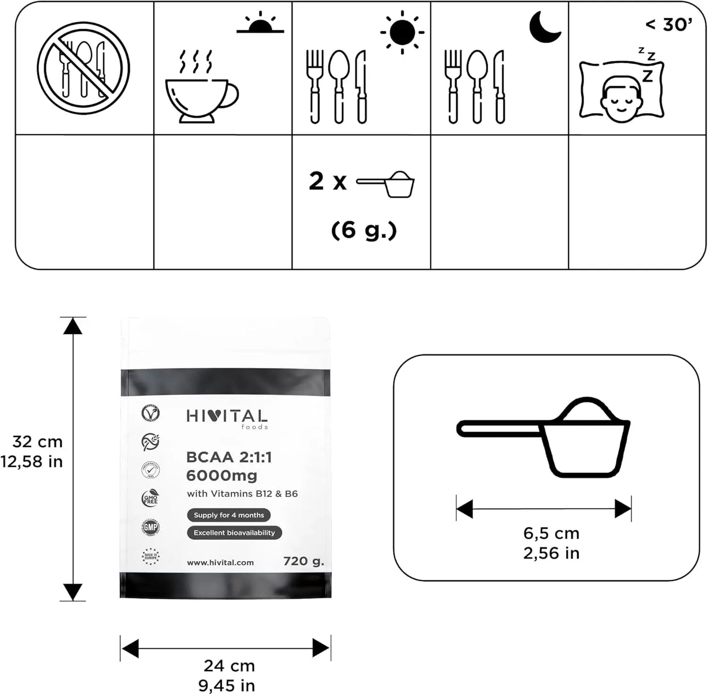 BCAA 2:1:1 6000 Mg Pour 4 Mois De Traitement. 720 Grammes D'Acides Aminés Essentiels Et De Vitamines B12 Et B6, 100% Végétalien, En Poudre Et Sans Saveur. Fabriqué En Europe Par HIVITAL