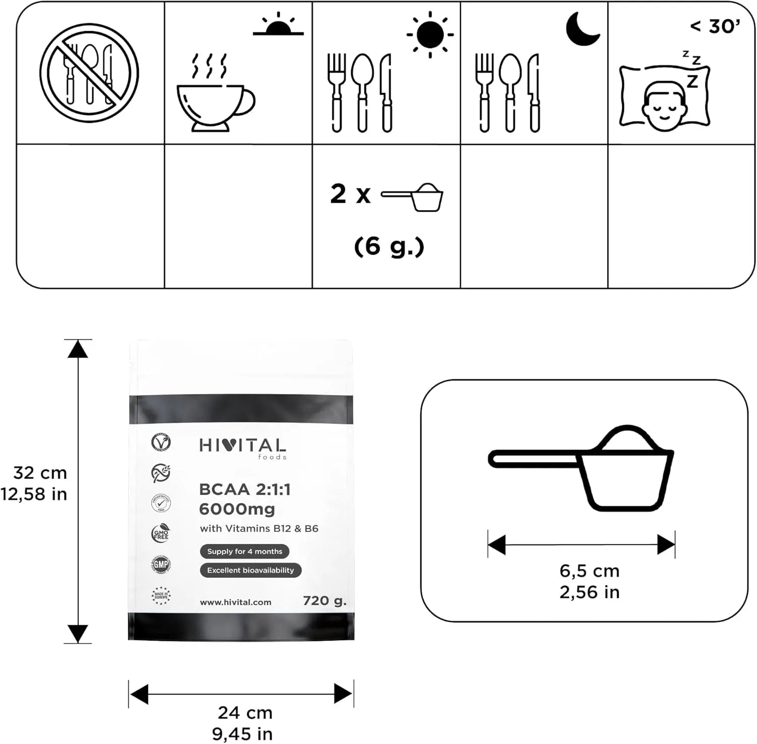 BCAA 2:1:1 6000 Mg Pour 4 Mois De Traitement. 720 Grammes D'Acides Aminés Essentiels Et De Vitamines B12 Et B6, 100% Végétalien, En Poudre Et Sans Saveur. Fabriqué En Europe Par HIVITAL