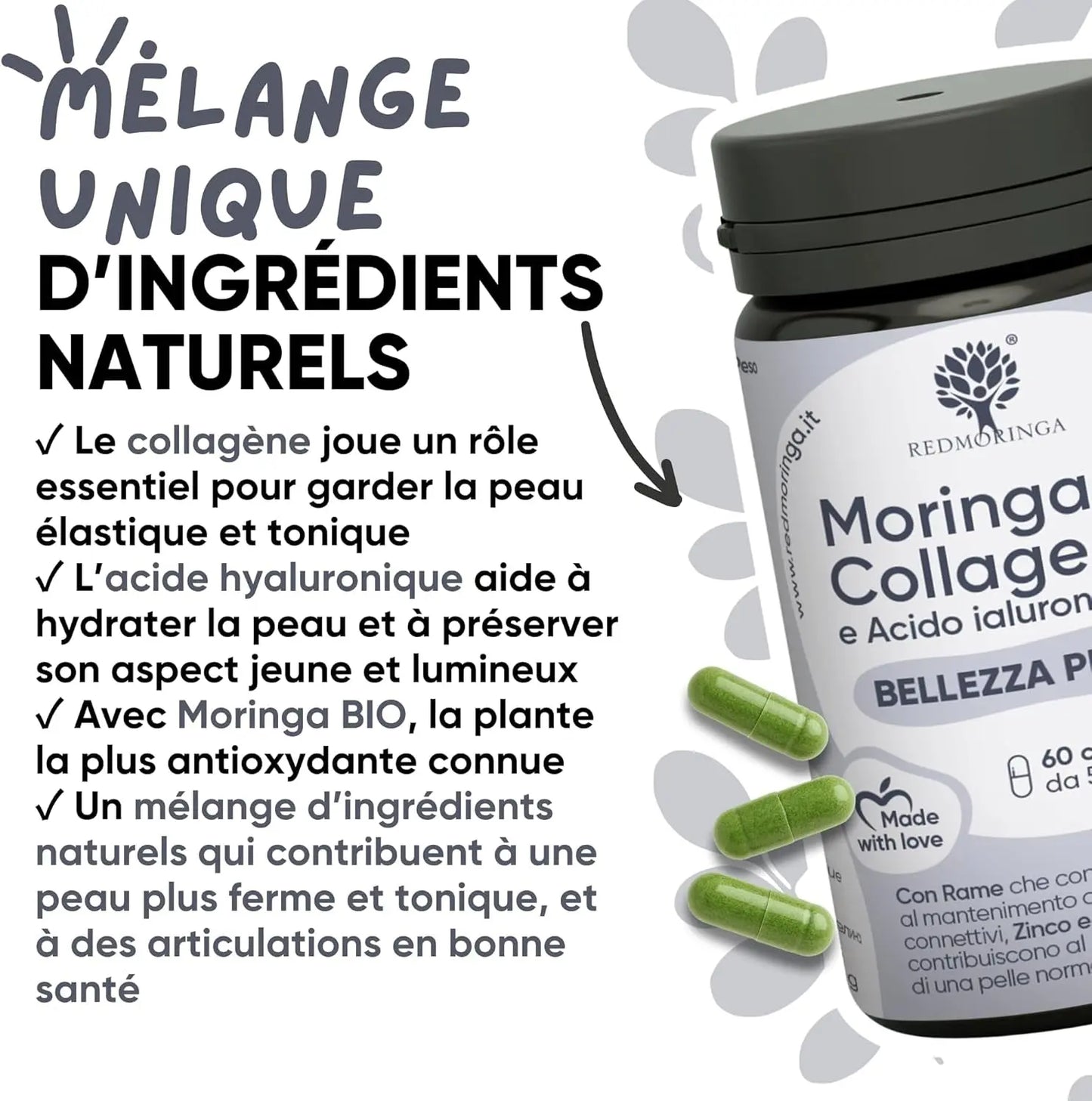 Collagène Et Acide Hyaluronique Avec Cuivre, Zinc, Biotine, Vitamine A,B2,B3,C, Moringa Bio | Complément Pour La Peau Et Les Articulations | Anti-Rides | Fabriqué En Italie  (60 Gélules)