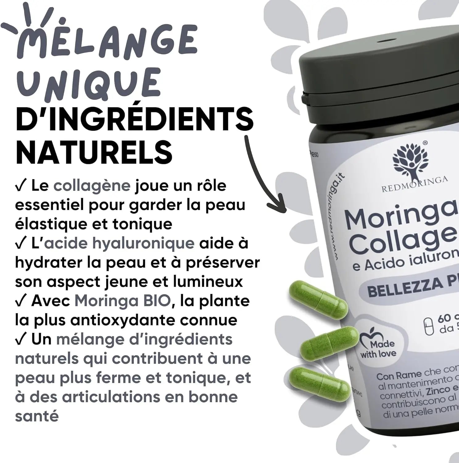 Collagène Et Acide Hyaluronique Avec Cuivre, Zinc, Biotine, Vitamine A,B2,B3,C, Moringa Bio | Complément Pour La Peau Et Les Articulations | Anti-Rides | Fabriqué En Italie  (60 Gélules)