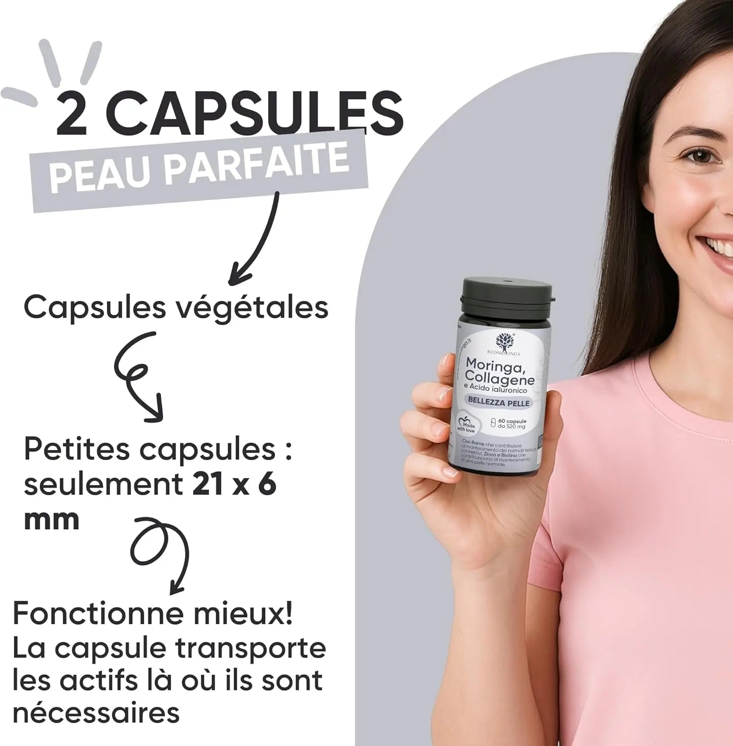 Collagène Et Acide Hyaluronique Avec Cuivre, Zinc, Biotine, Vitamine A,B2,B3,C, Moringa Bio | Complément Pour La Peau Et Les Articulations | Anti-Rides | Fabriqué En Italie  (60 Gélules)