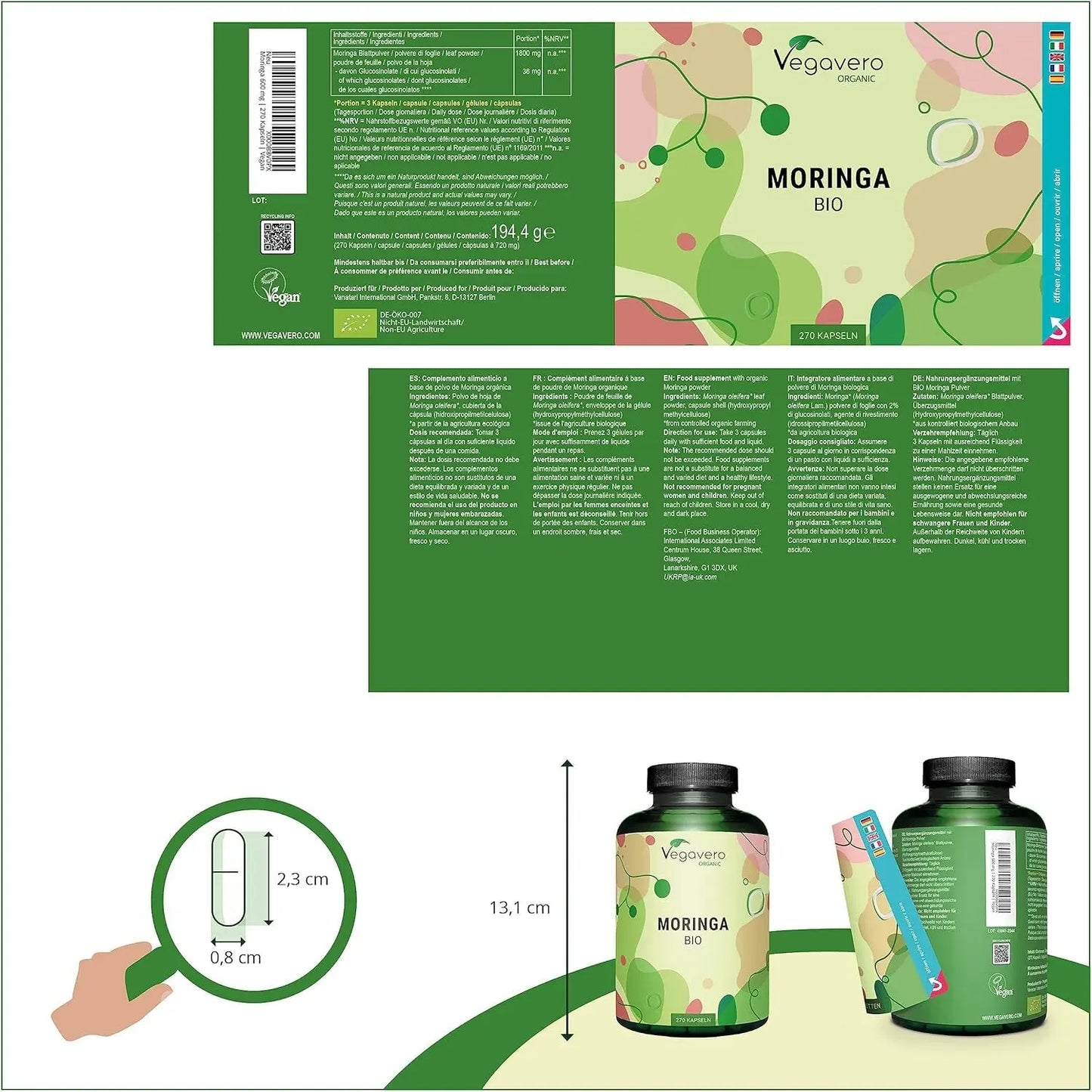 Moringa BIO 1800 Mg | 270 Gélules Vegan | SUPERFOOD : Multivitamines Et Minéraux Naturels | Antioxydant + Energie | SANS ADDITIFS | ®