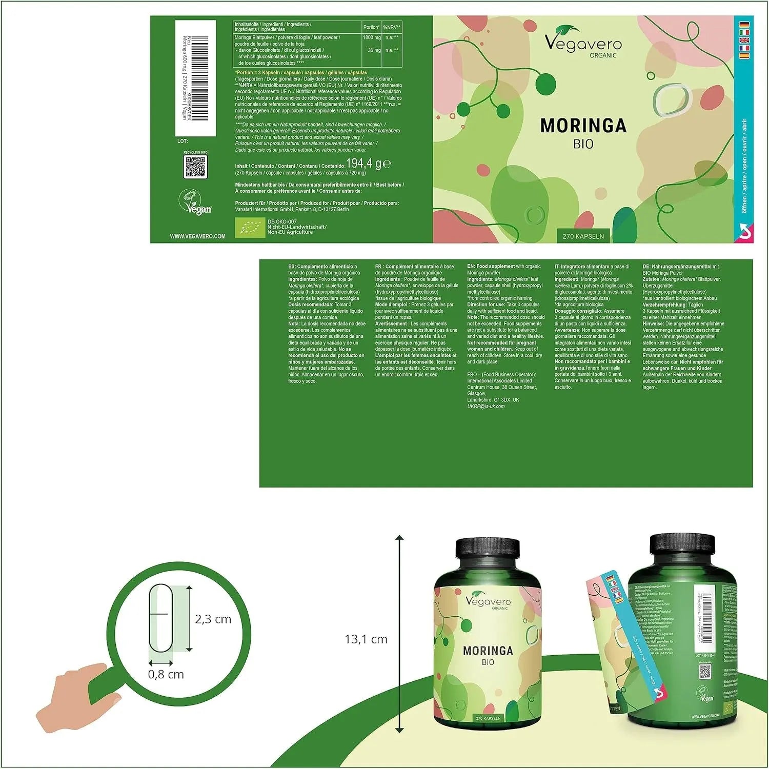 Moringa BIO 1800 Mg | 270 Gélules Vegan | SUPERFOOD : Multivitamines Et Minéraux Naturels | Antioxydant + Energie | SANS ADDITIFS | ®