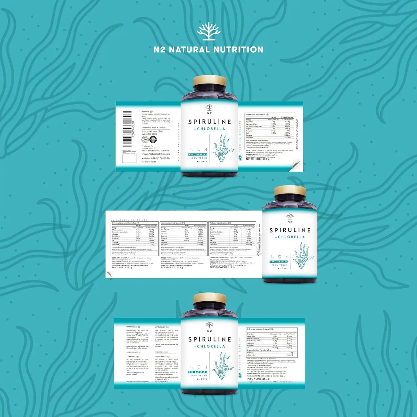 Spiruline Chlorella Gelules Teneur Élevée En Fer, Chlorophylle Et Proteine Vegan. Phycocyanine | anti Fatigue Vitamine | 2244 Mg Algues Sans Excipient 180 Capsules Vegan UE