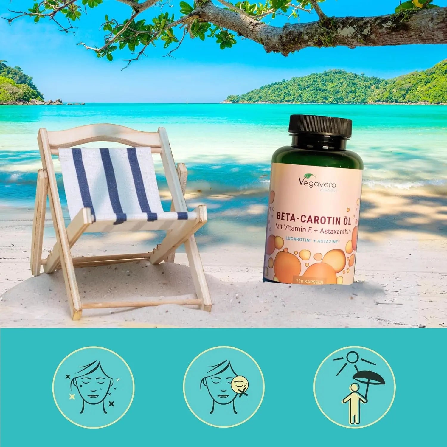 Complexe Bêta Carotène | Avec Vitamine E & Astaxanthine | 120 Gélules (4 Mois) | Qualité Supérieure : Lucarotin® B 30 SUN | Sans Additifs & Vegan | Protection Peau & Bronzage | ®